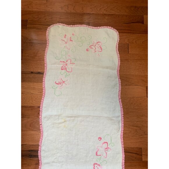 Vintage Hand-Cross Stitched Floral Table Runner with Pink Crochet Trim 36"x15" - Picture 3 of 8